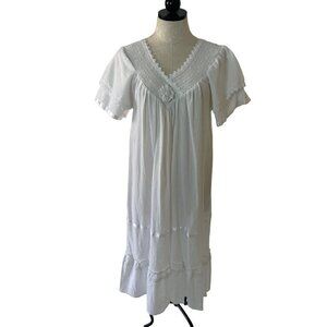 Vintage Womens Midi Dress Size Large Tiered Lace Ribbon Gauze Bohemian Cotton